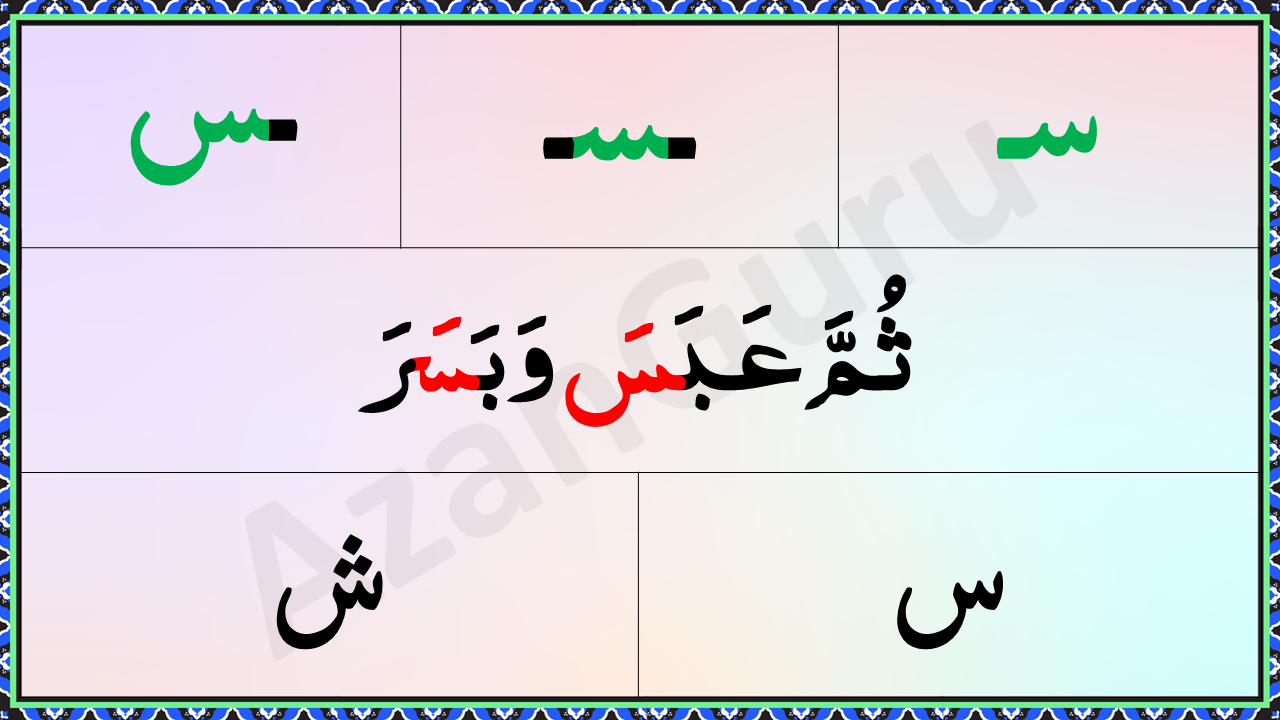 Seen, Sheen (س، ش) ki shakal shuru, darmiyan or akhir men kesi aati hai ? How are the shapes of Seen, Sheen (س، ش) when they fall in the beginning, middle and the end of the words?